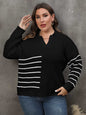 Plus size striped V-neck sweater with long sleeves, chic style, black and white pattern.