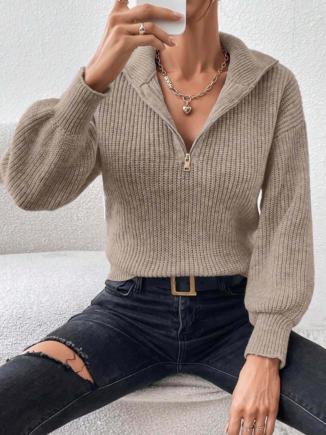 Honey Half Zip Dropped Shoulder Sweater Taupe