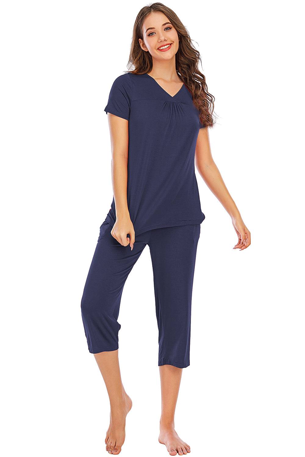 V-Neck Short Sleeve Top and Pants Lounge Set, navy, two-piece, stretchy fabric.