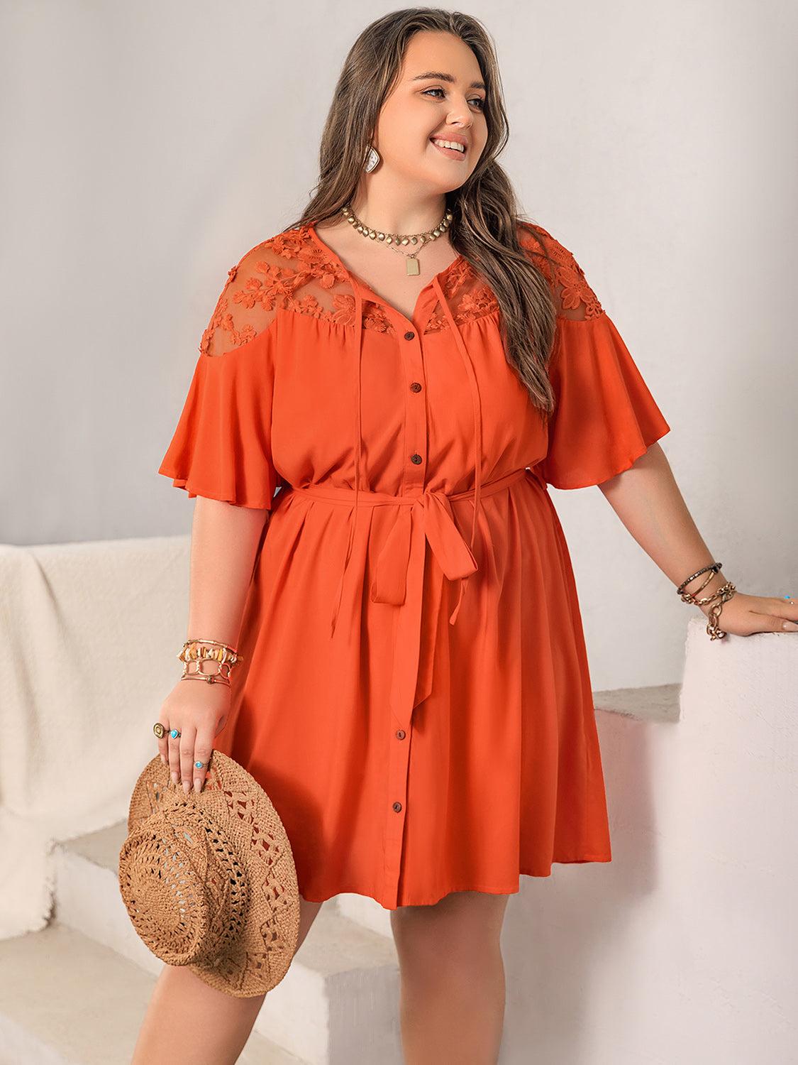 Plus size lace button-up half sleeve dress, semi-sheer, tied waist, viscose-polyester blend.