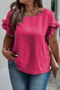 Plus size ruffled round neck short sleeve blouse in pink.