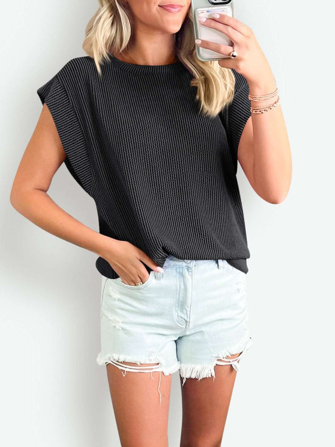 Lovelet Textured Round Neck Cap Sleeve Blouse