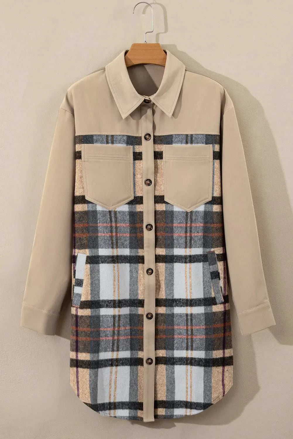 Pocketed Plaid Long Sleeve Mini Dress Tan