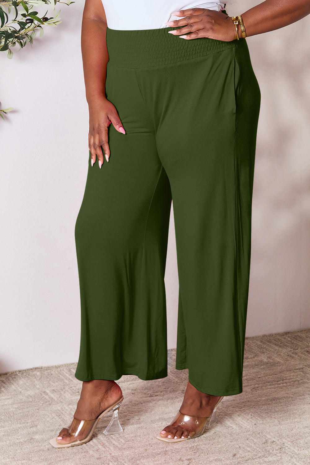 Basic Bae Full Size Smocked Wide Waistband Wide Leg Pants