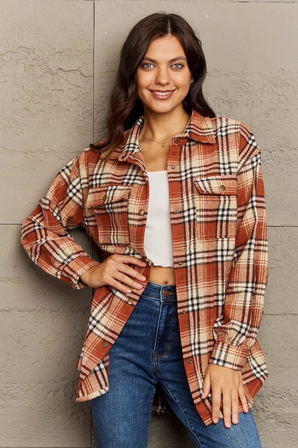 Ninexis Full Size Plaid Collared Neck Button-Down Long Sleeve Jacket Terracotta 