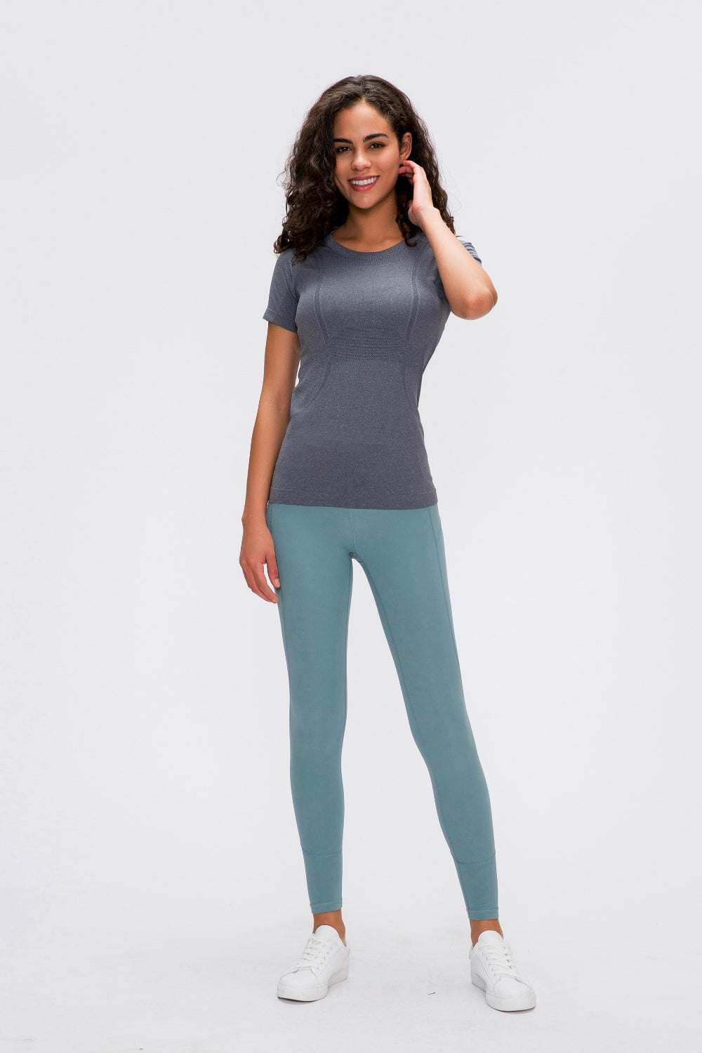 Millennia Round Neck Short Sleeve Active T-Shirt, opaque nylon, slightly stretchy, basic style, women's sportswear.