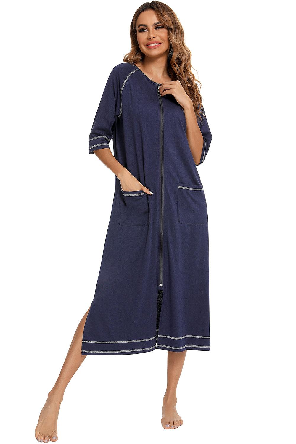 Zip up slit round neck night dress with pockets in navy blue.