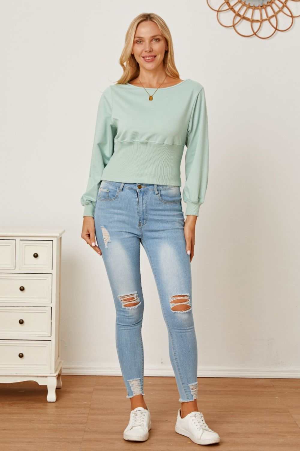 Boat Neck Lantern Sleeve Blouse