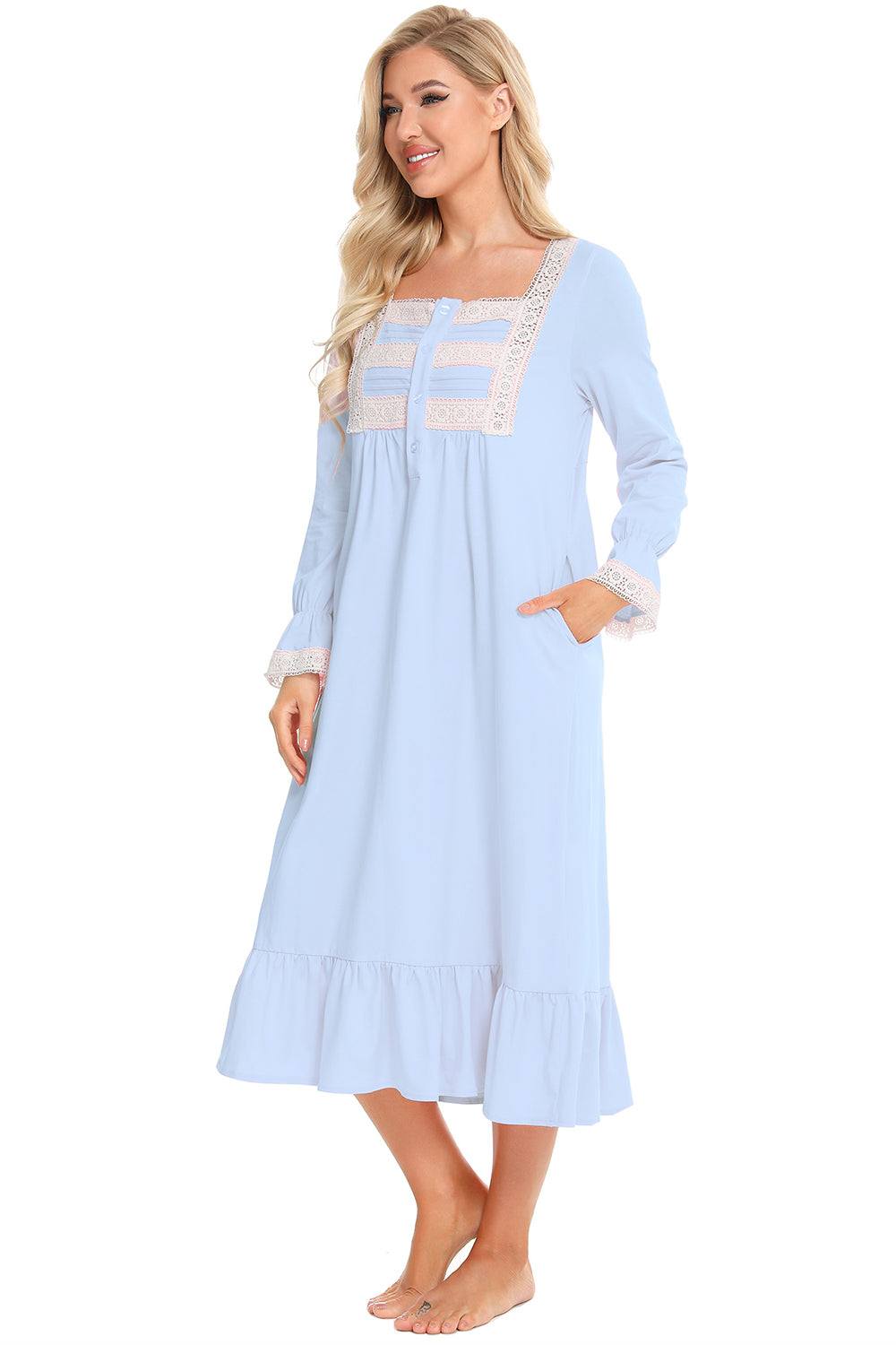 Lace detail square neck flounce sleeve night dress in light blue, cotton blend.