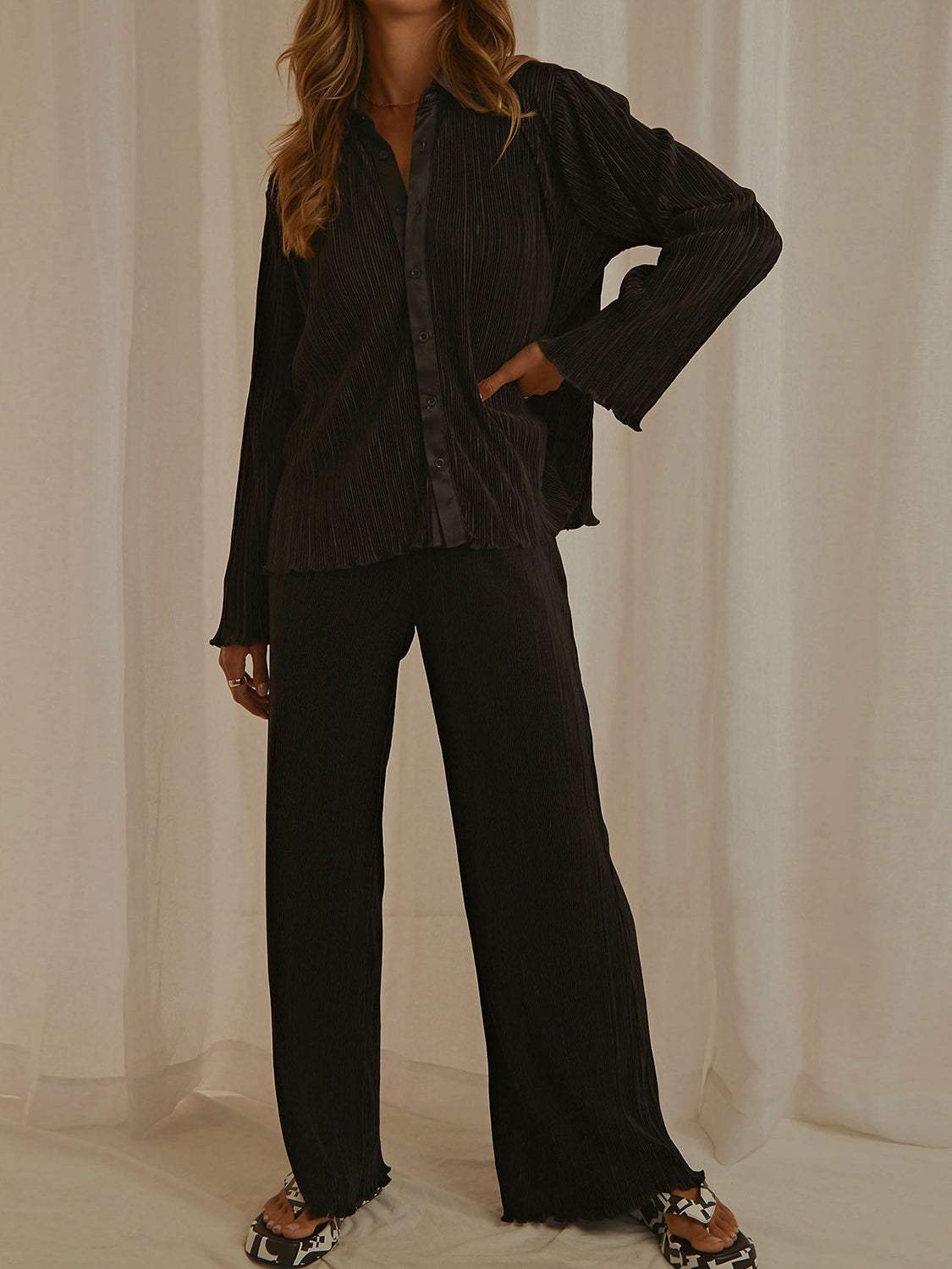 Collared Neck Long Sleeve Top and Pants Lounge Set in black, buttoned, two-piece, 100% polyester.