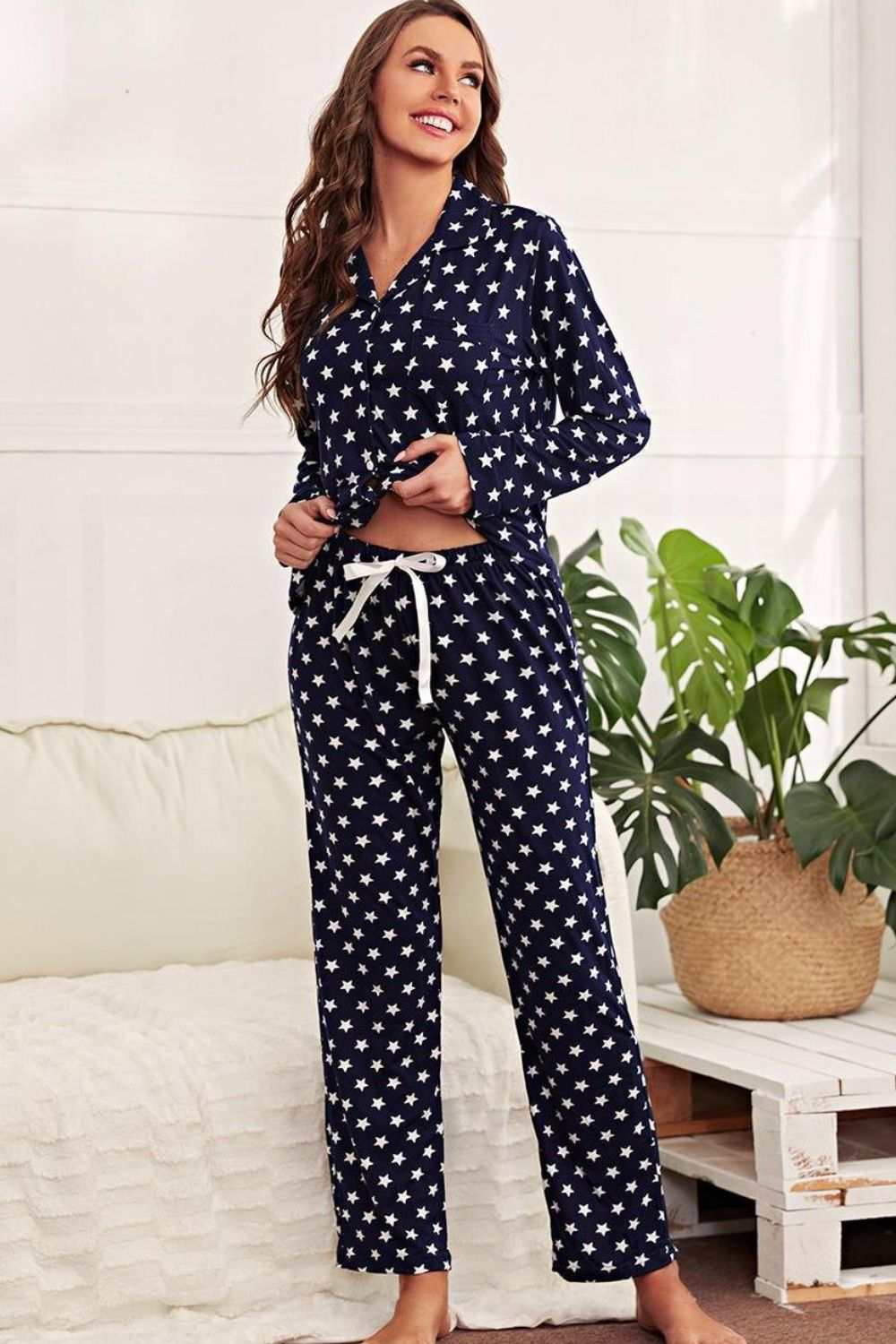 Star Print Button-Up Shirt and Pants Lounge Set with lapel collar and long sleeves in navy blue.