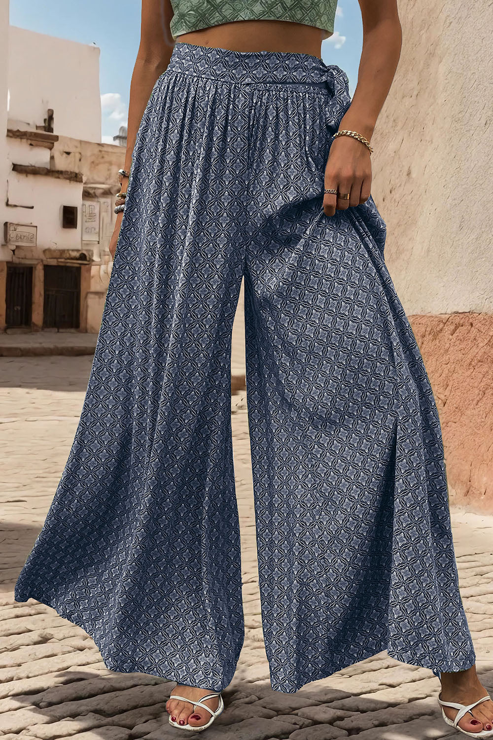 Perfee Printed Tied Wide Leg Pants