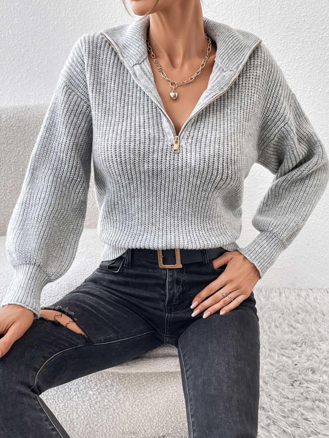 Honey Half Zip Dropped Shoulder Sweater Gray