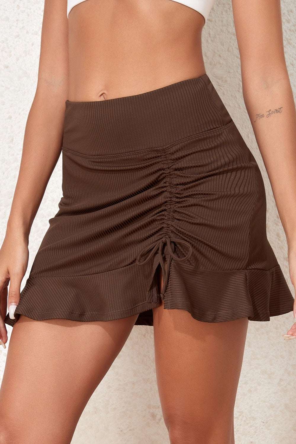 Ruched Elastic Waist Swim Skirt  Brown