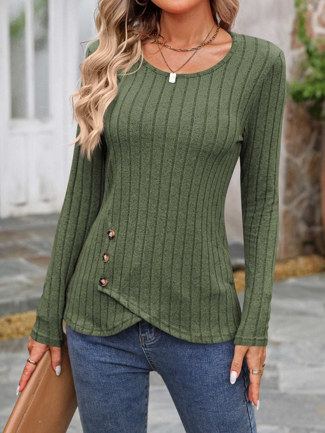 Decorative Button Round Neck Long Sleeve T-Shirt Moss