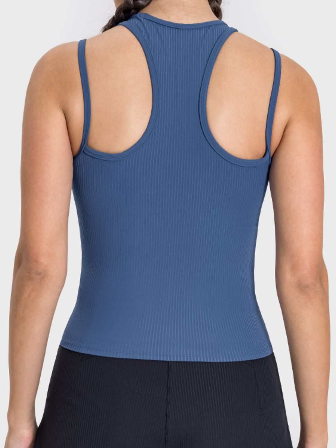 Millennia Cutout Racerback Active Tank in blue, moderate stretch, nylon-spandex blend.