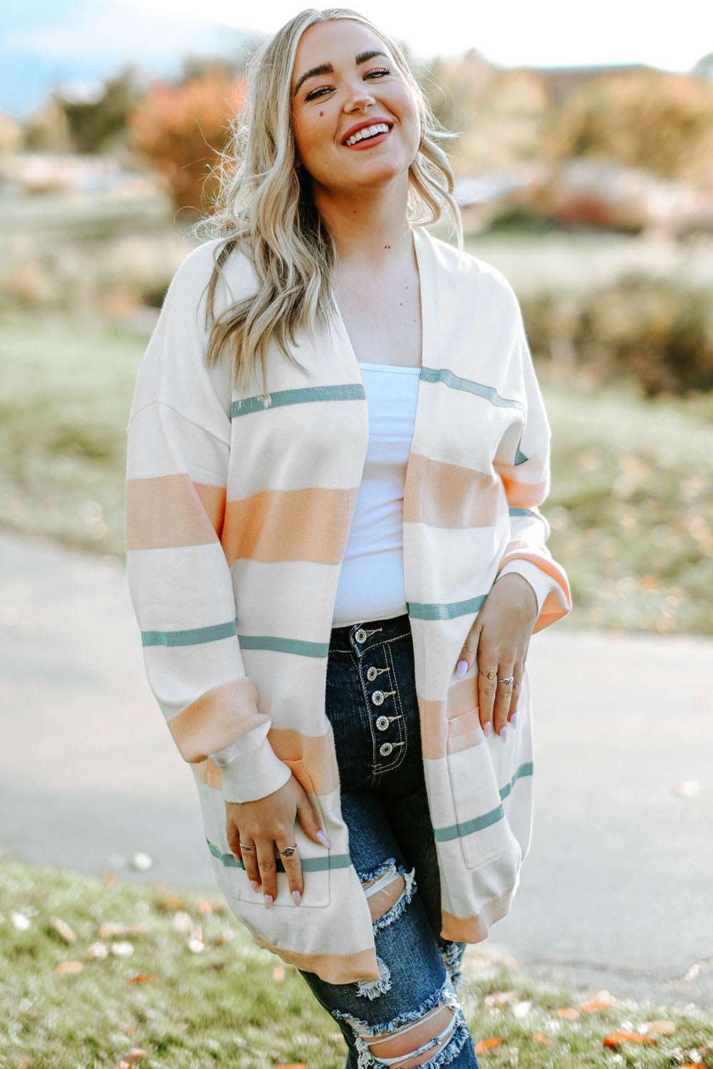 Plus Size Striped Open Front Cardigan Beige