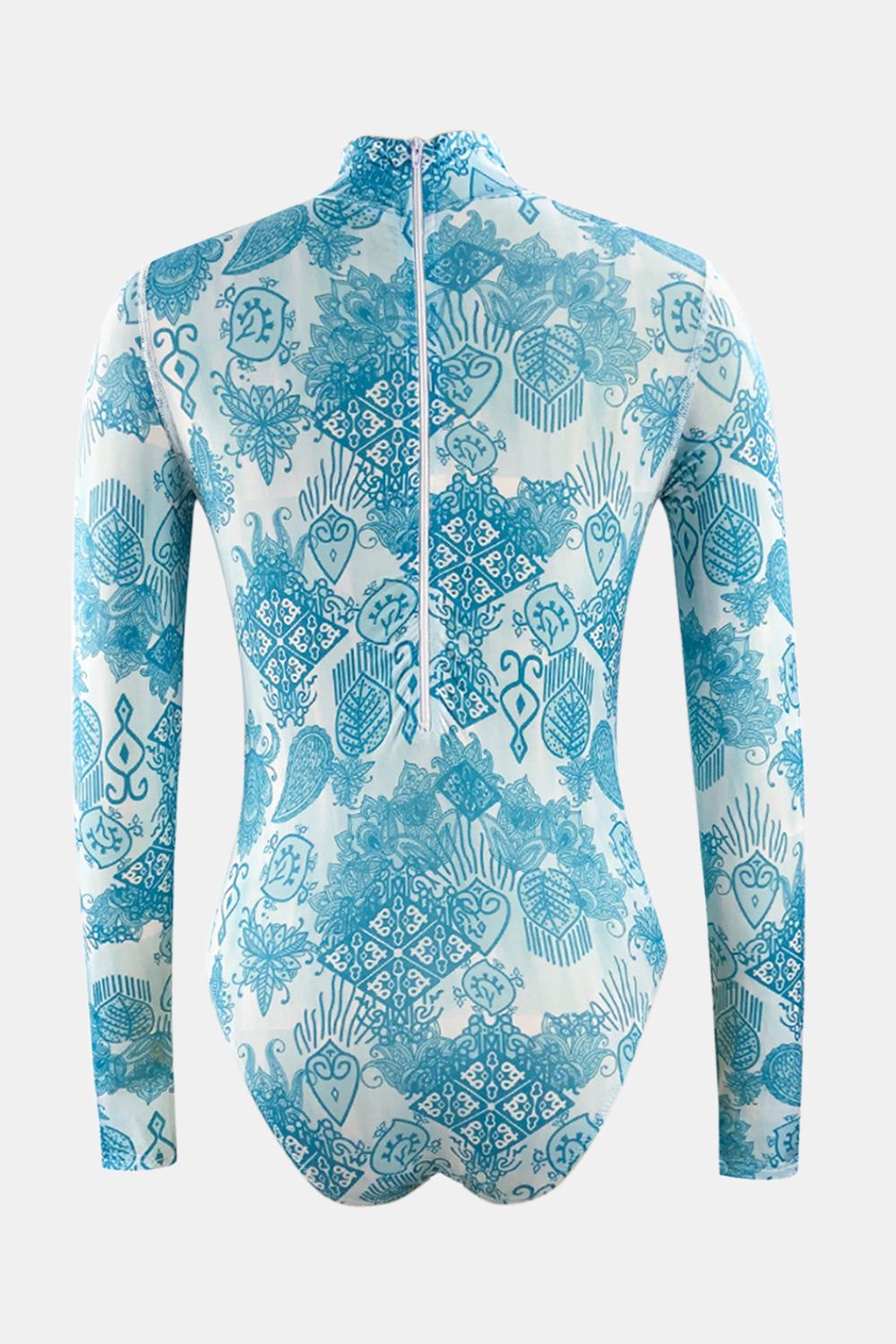 Mock neck long sleeve one-piece swimwear with blue floral print.