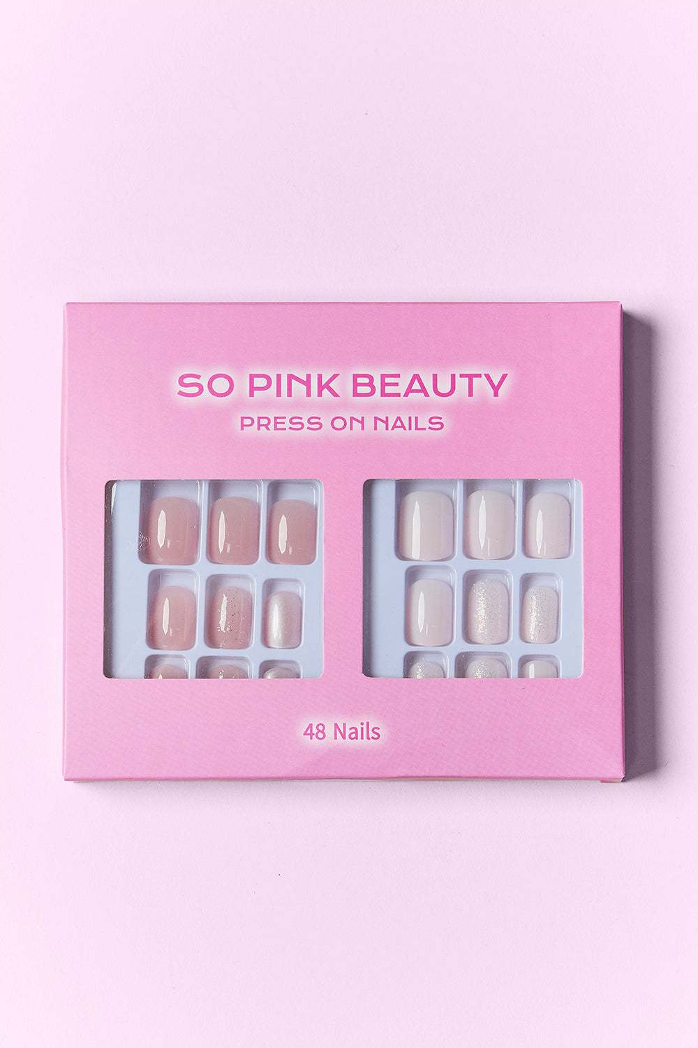 SO PINK BEAUTY Press On Nails 2 Packs with 48 nails and glue, pink box, two designs.