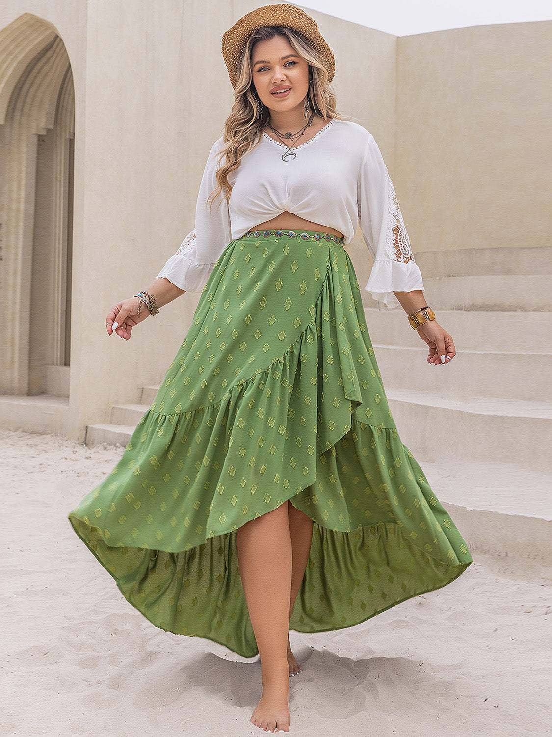 Plus Size High-Low Skirt Matcha Green