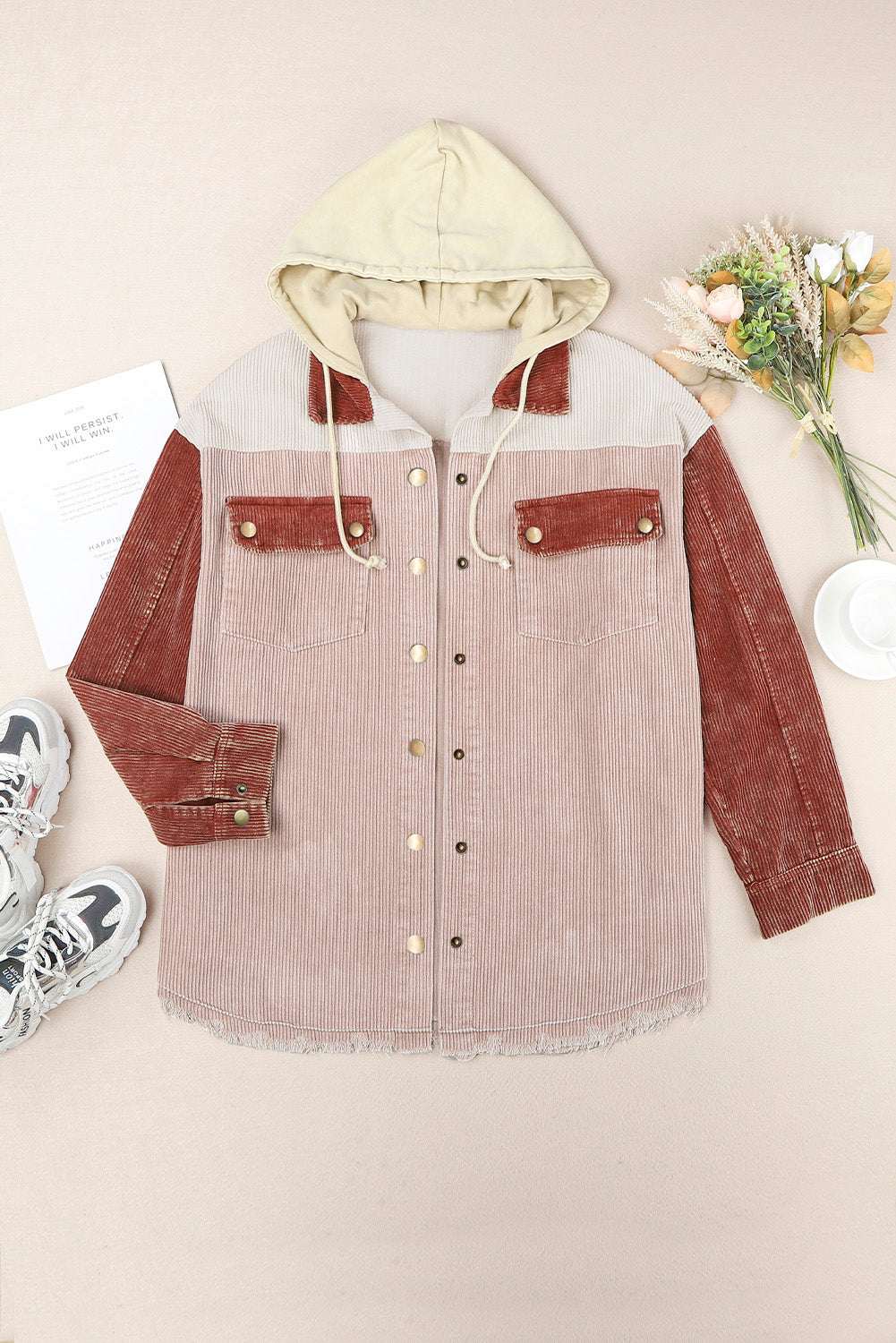 Snap Front Hooded Corduroy Shacket Blush Pink