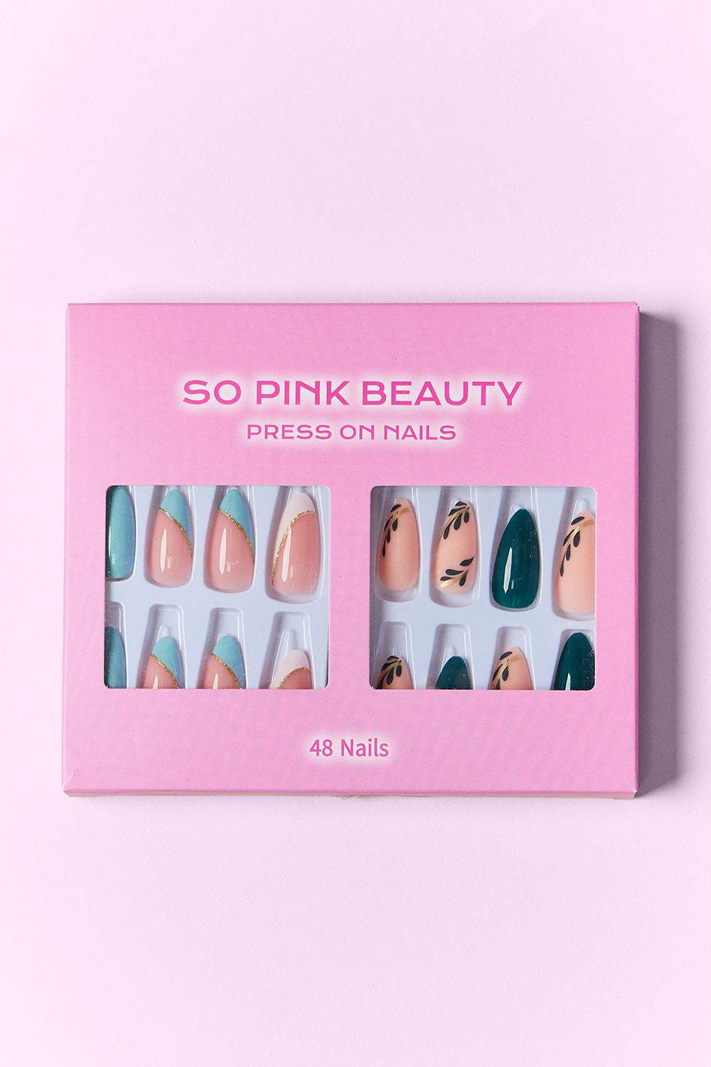 SO PINK BEAUTY Press On Nails 2 Packs with two stylish designs, 48-piece set.