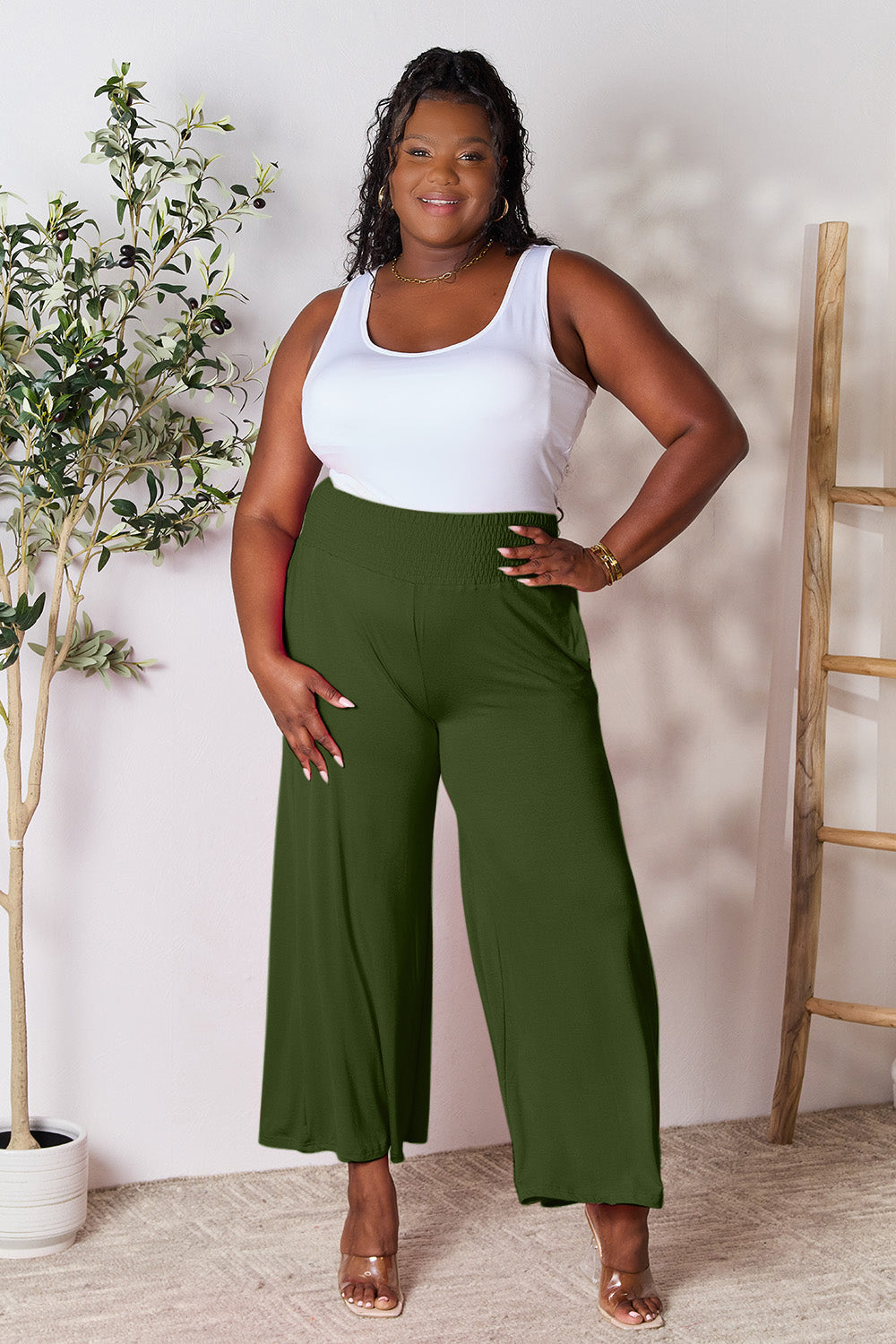 Basic Bae Full Size Smocked Wide Waistband Wide Leg Pants