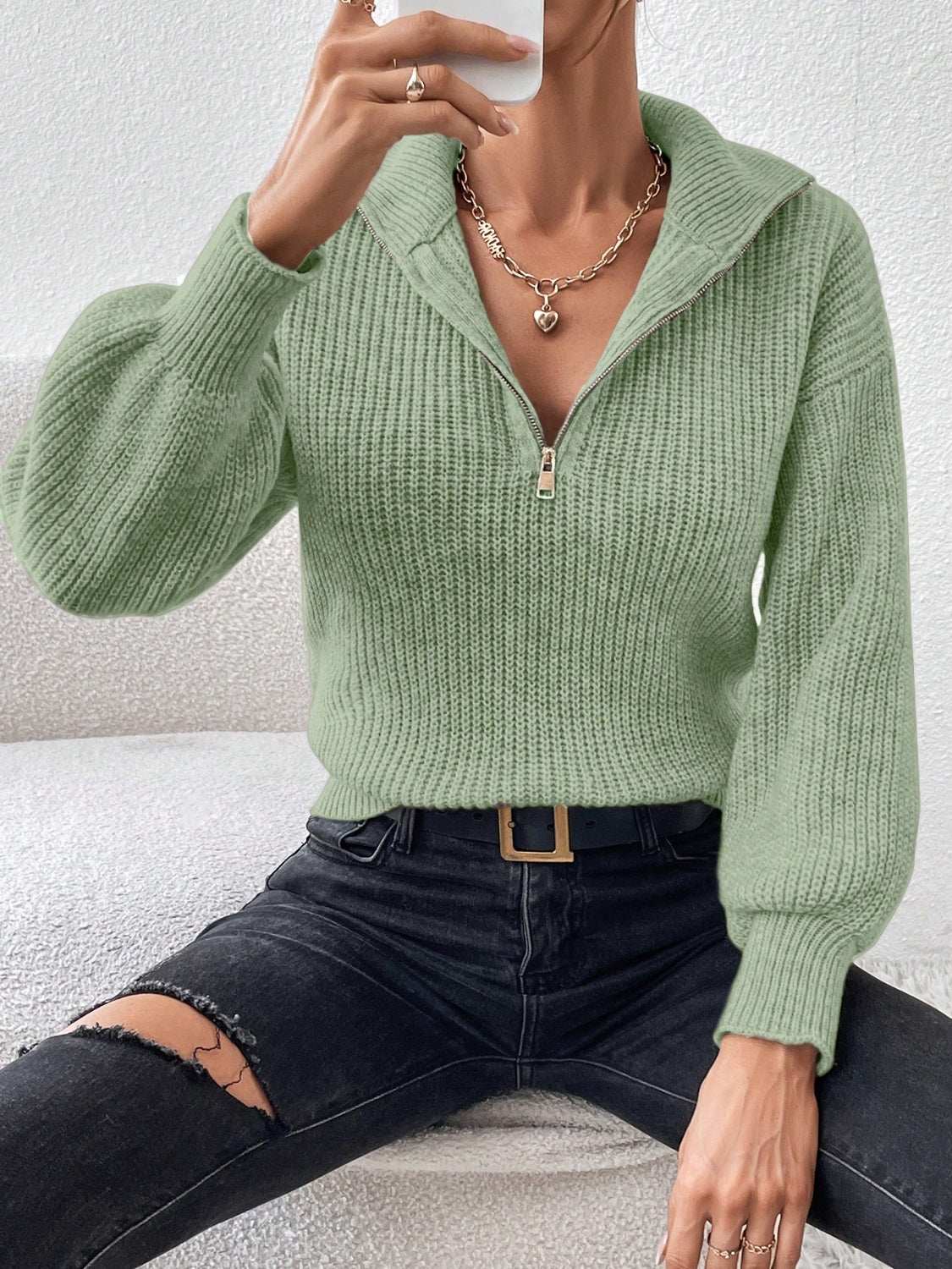 Honey Half Zip Dropped Shoulder Sweater Matcha Green