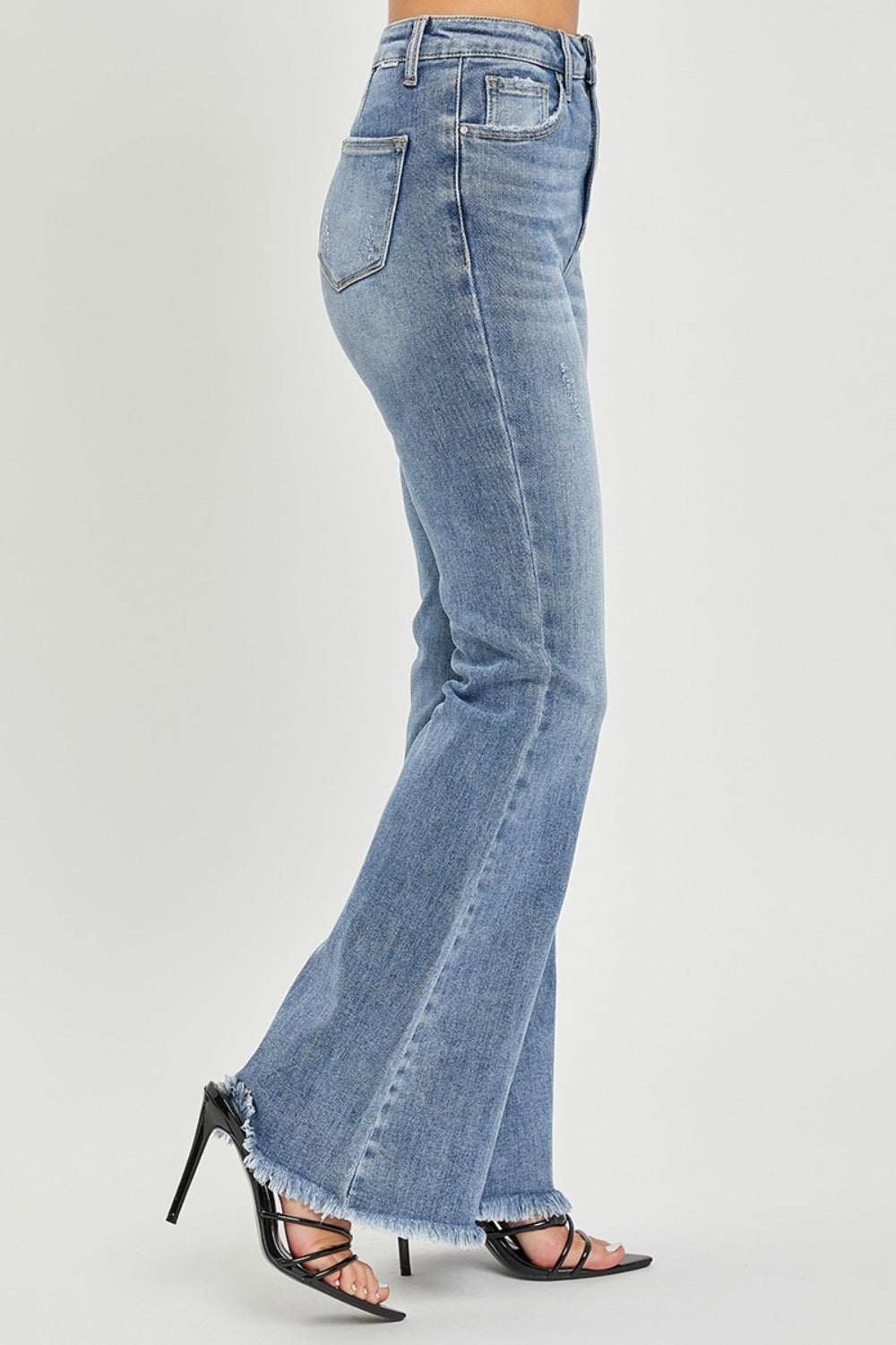 RISEN Full Size High Waist Raw Hem Flare Jeans with raw hem and high-rise fit.