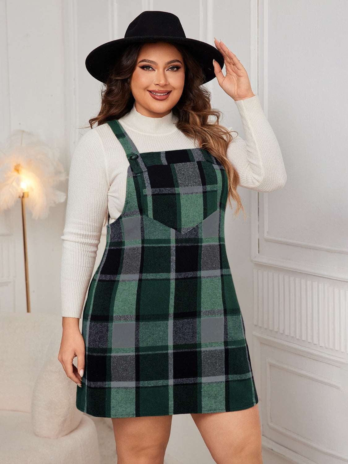 Honey Plus Size Plaid Wide Strap Overall Dress Dark Geen