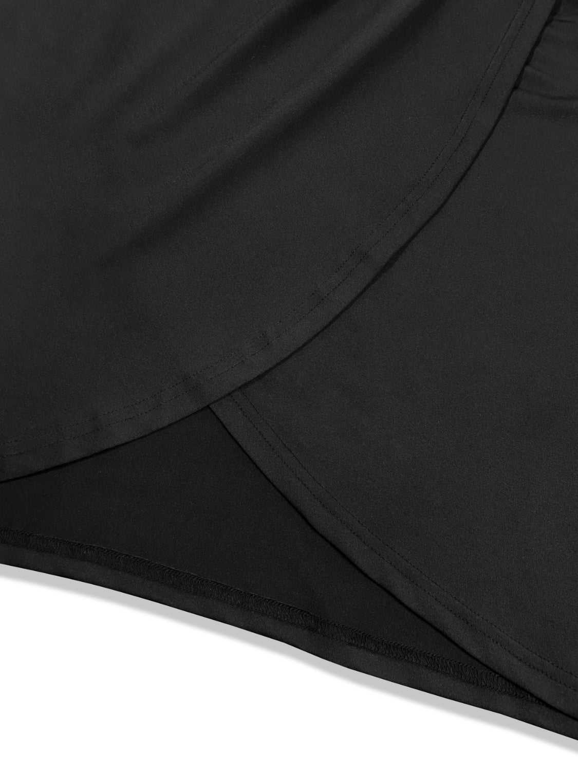 Plus size black twisted one shoulder sleeveless midi dress fabric detail.