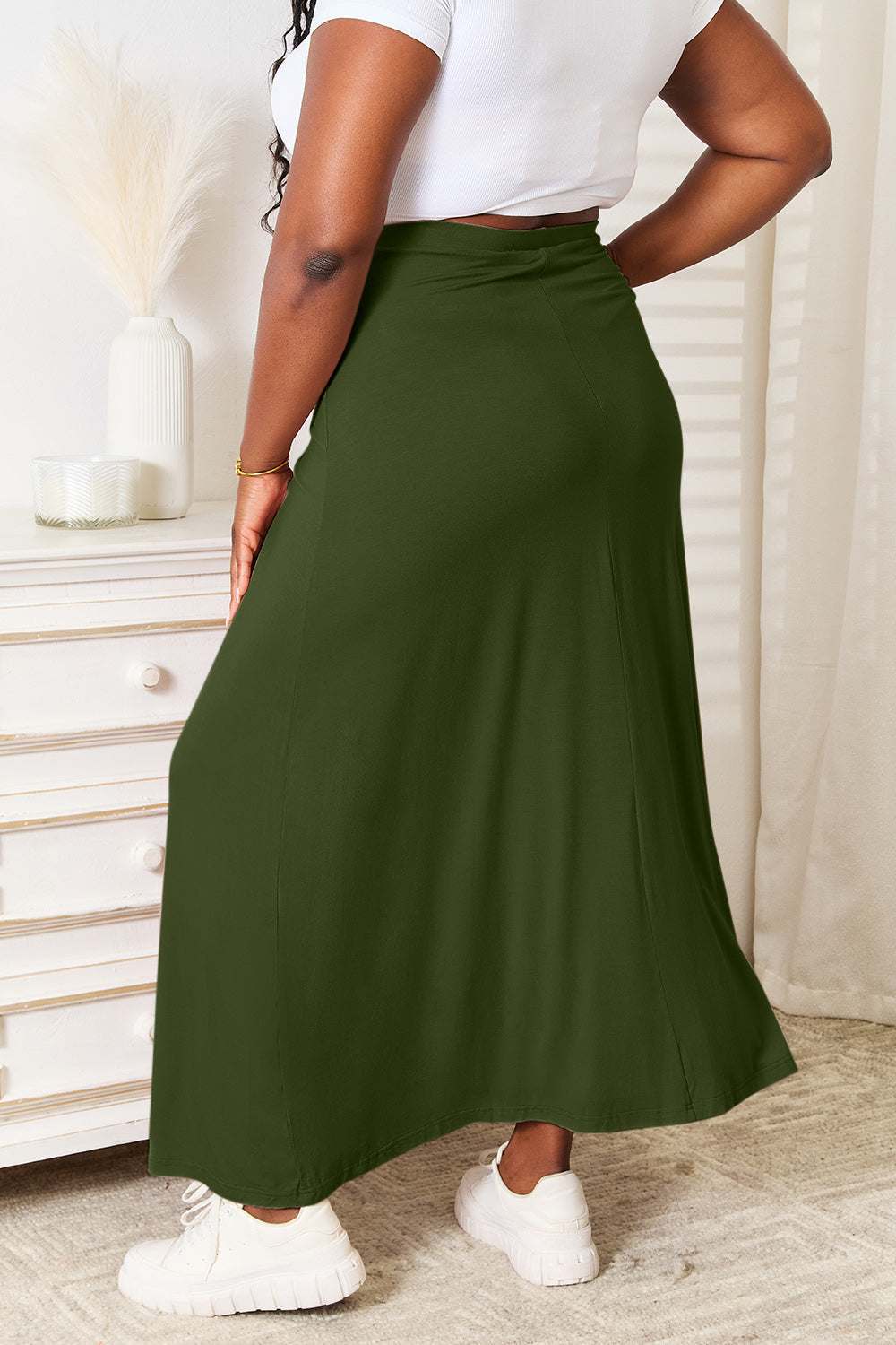 Double Take Full Size Soft Rayon Drawstring Waist Maxi Skirt Dark Green