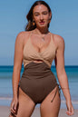 Cutout V-Neck spaghetti strap one-piece swimwear with crisscross design.