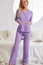 Contrast lapel collar shirt and pants pajama set with pockets, solid color, minimalist style.