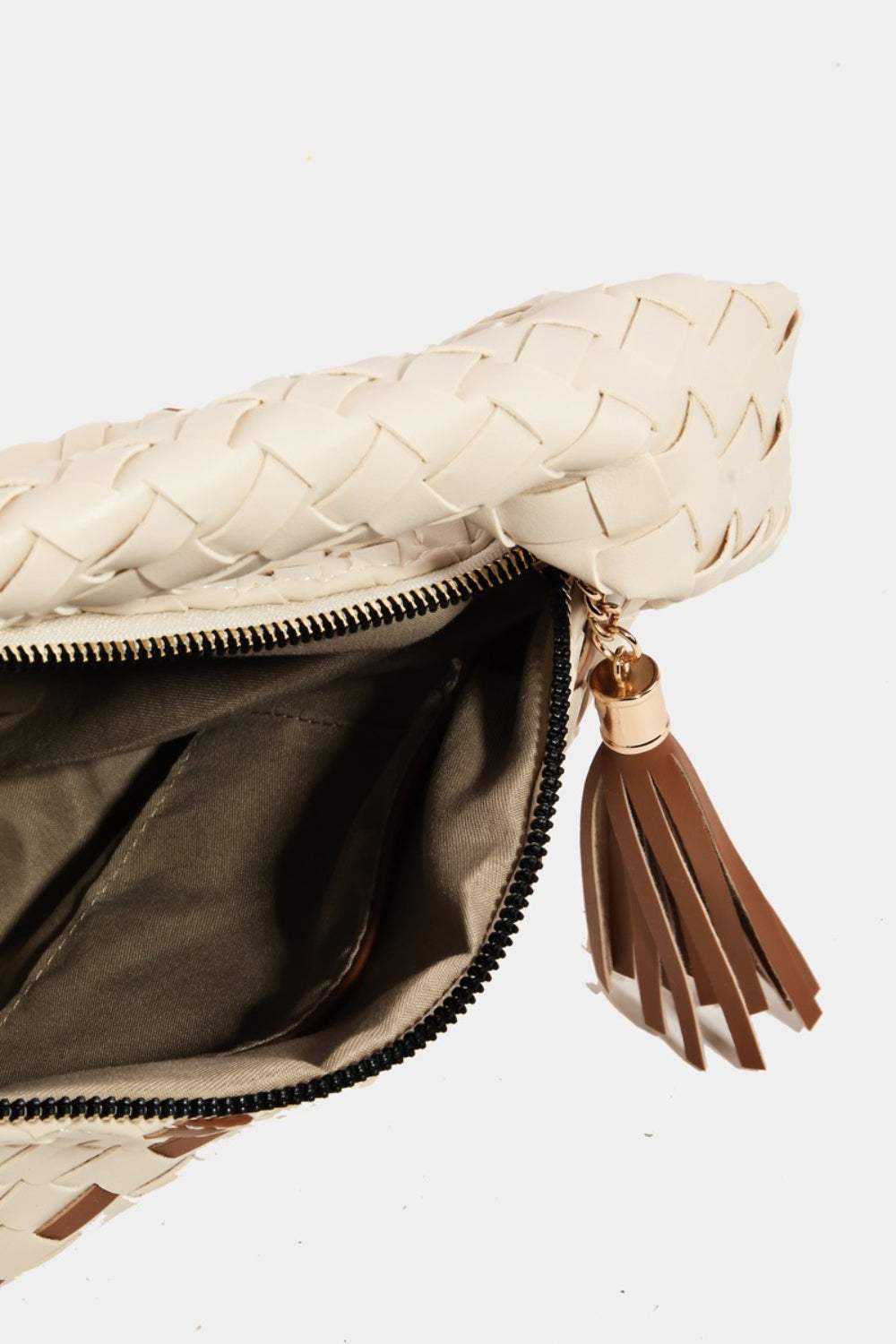 Fame Tassel Detail Weave Semi Circle Bag in faux leather with stylish basket weave design.