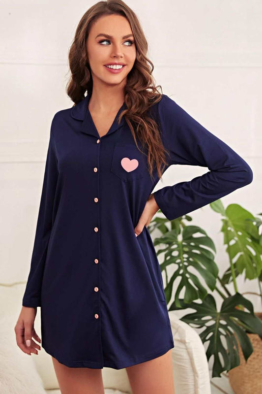 Heart Graphic Lapel Collar Night Shirt Dress with Pockets and Long Sleeves