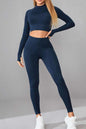 Mock Neck Long Sleeve Top and Pants Active Set in navy, stretchy two-piece outfit.