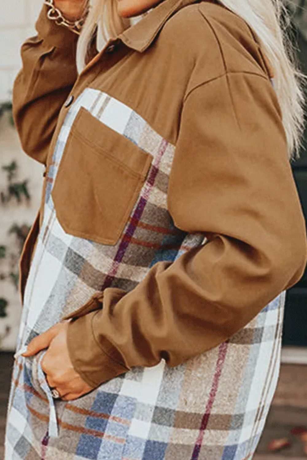 Pocketed Plaid Long Sleeve Mini Dress Caramel 