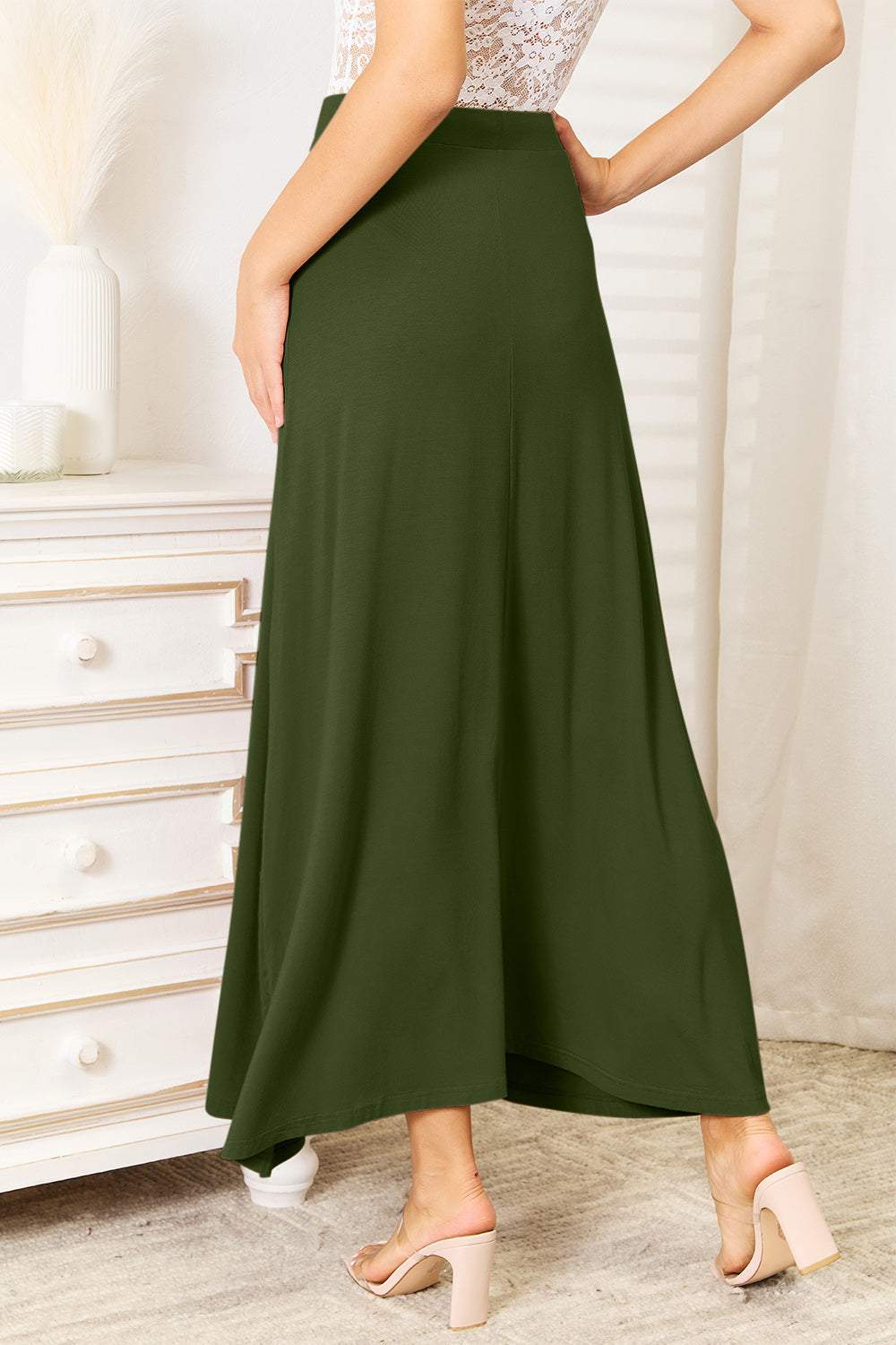 Double Take Full Size Soft Rayon Drawstring Waist Maxi Skirt Dark Green