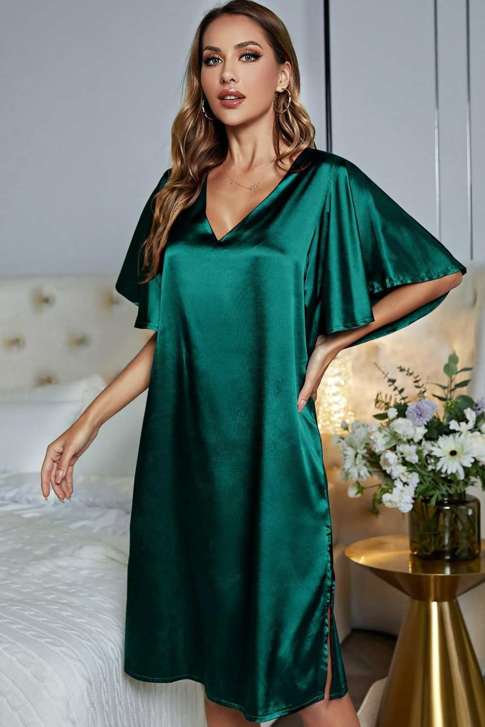 Green Satin Flutter Sleeve Side Slit V-Neck Night Dress with Ruffle Detail