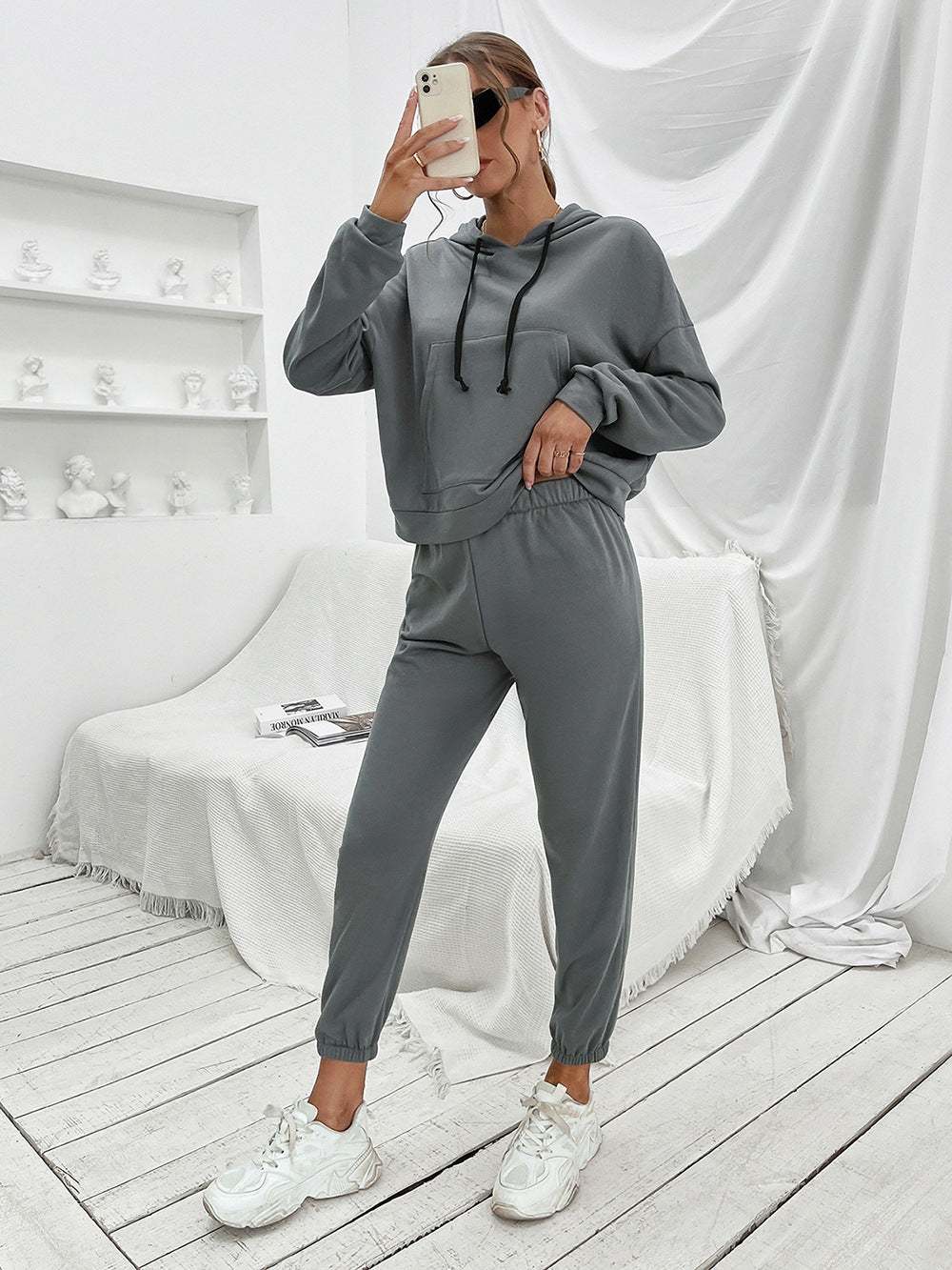 Ivy Lane Sports Hoodie and Joggers Set, casual solid color, outdoor activities, polyester, machine washable.