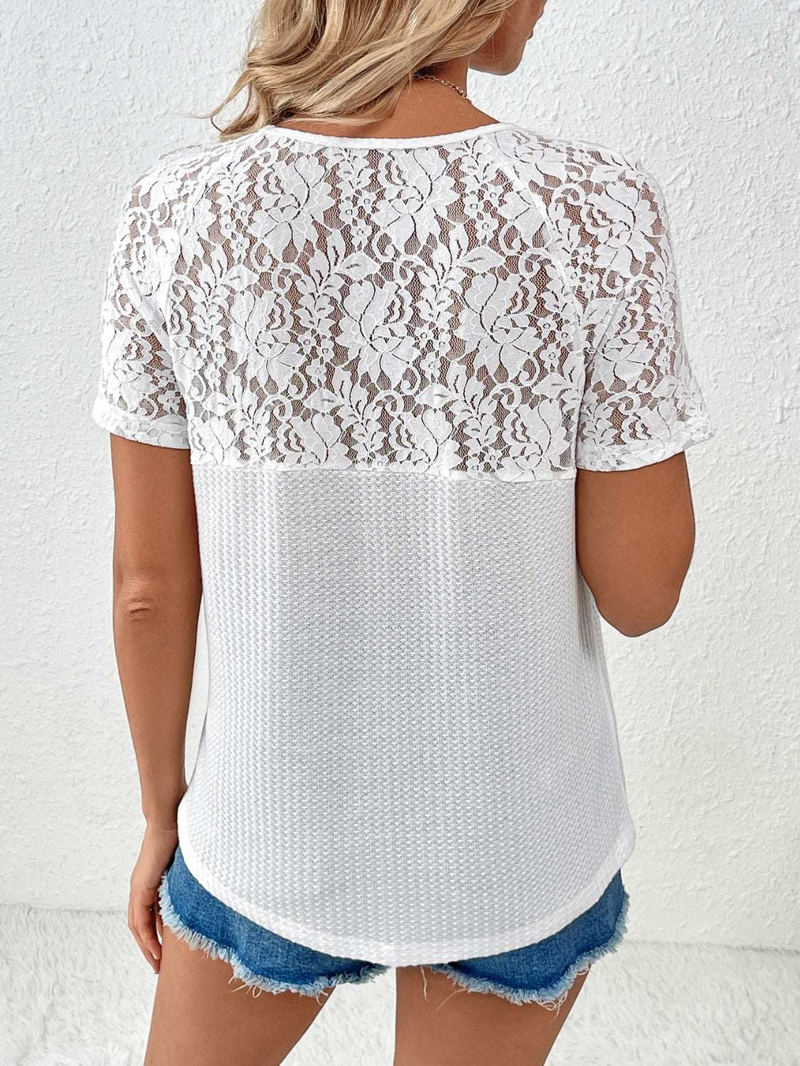 Ivy Lane Lace Detail V-Neck Short Sleeve T-Shirt with sheer lace back design.