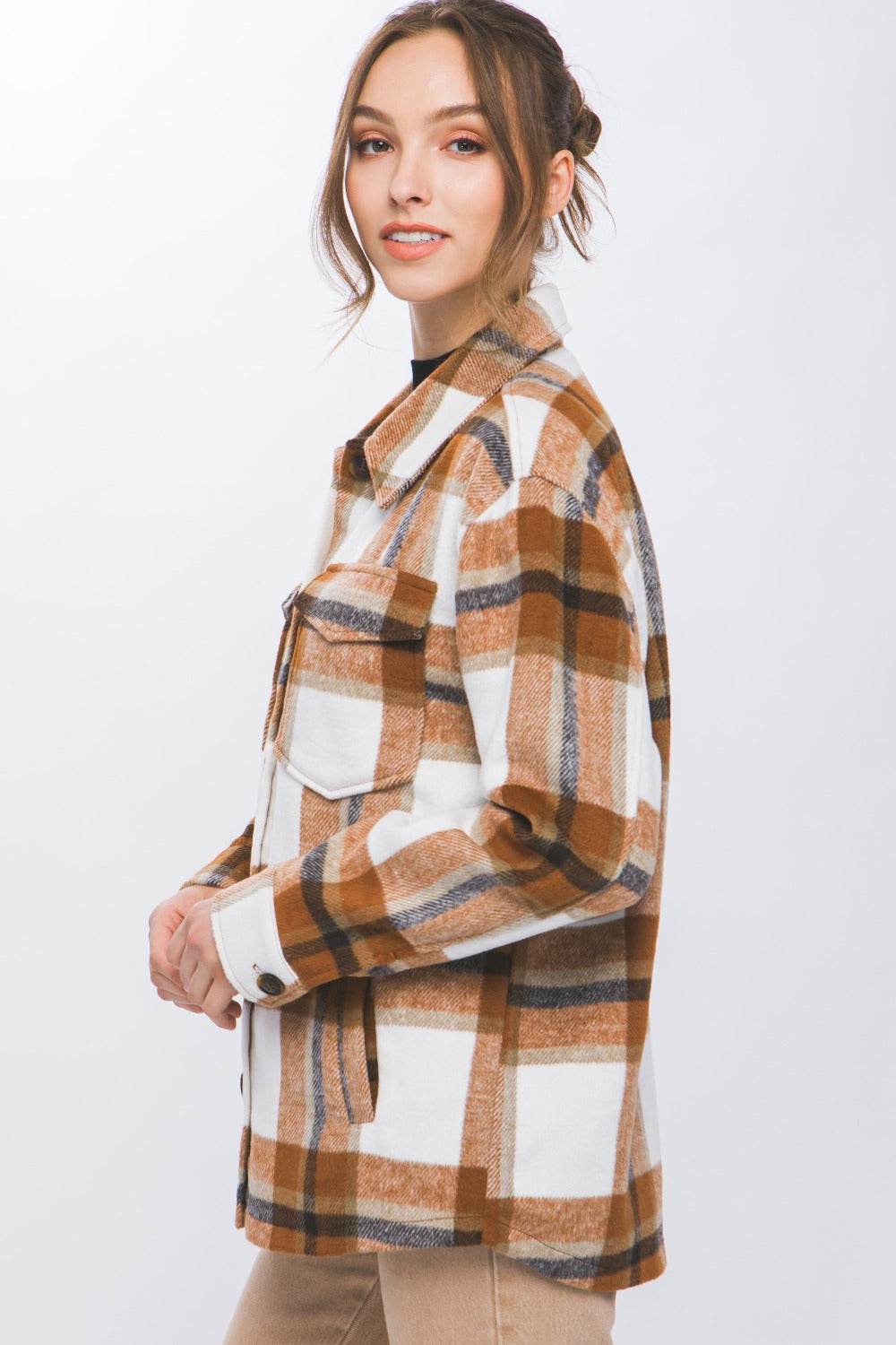 Plaid button-up shacket with pocket by Love Tree.