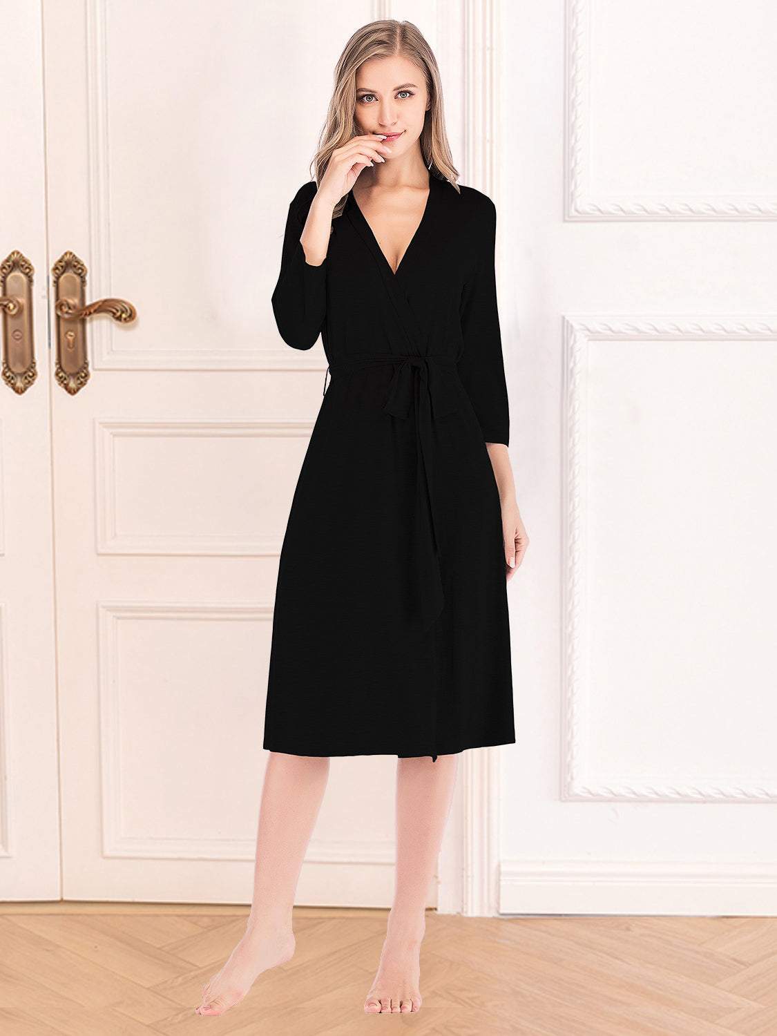 Elegant Plunge Tie Front Night Dress in black, featuring a tied front and slightly stretchy material.