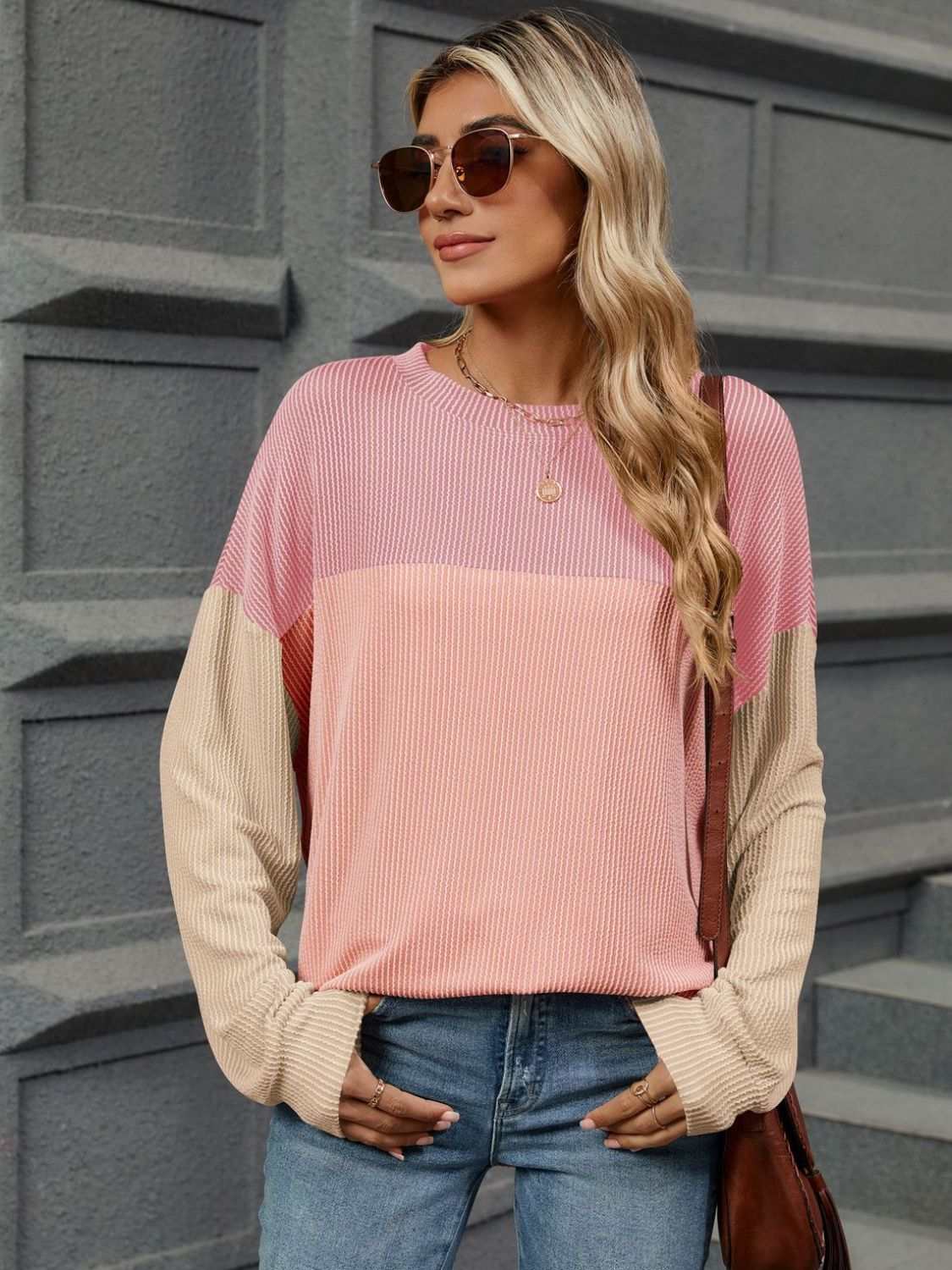 Double Take Contrast Round Neck Long Sleeve T-Shirt Dusty Pink