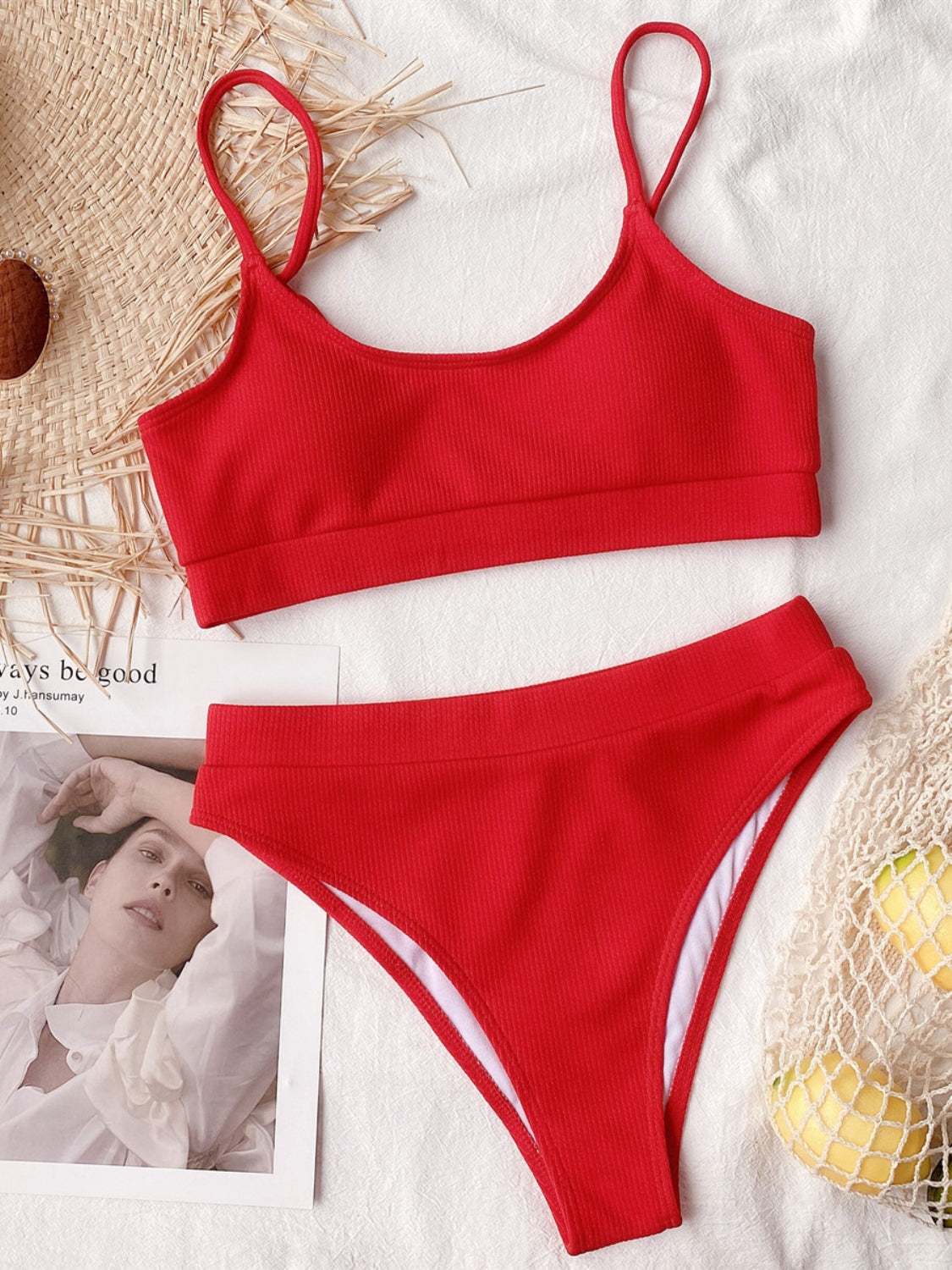 Scoop neck spaghetti strap red two-piece swim set with removable padding.