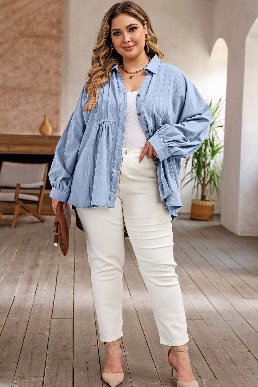 Plus Size High-Low Button Up Dropped Shoulder Shirt Light Blue