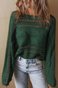 Cable-Knit Openwork Long Sleeve Sweater Dark Green