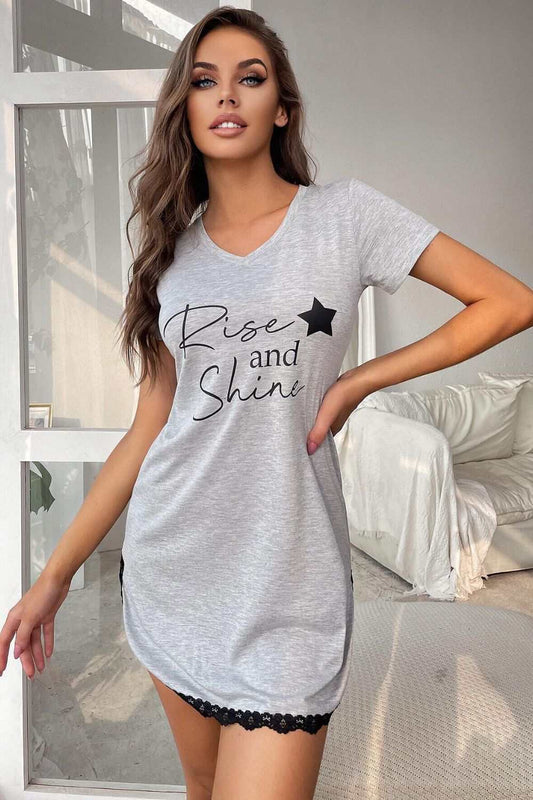 V-Neck T-Shirt Dress with Contrast Lace, "Rise and Shine" Graphic, Short Sleeves.