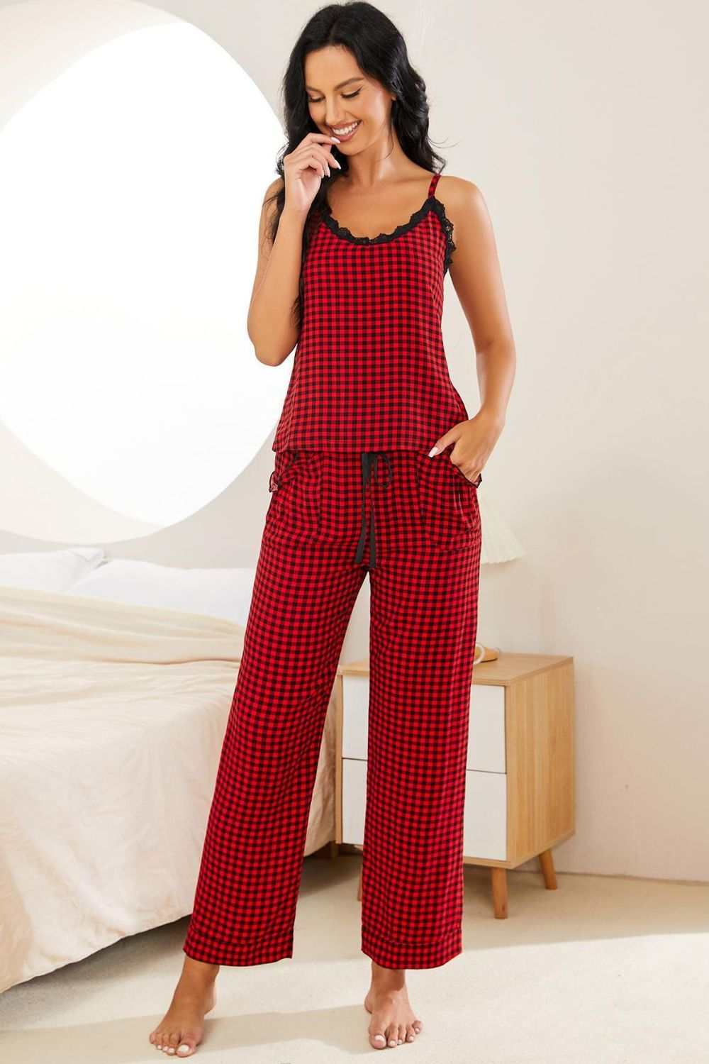 Plaid lace trim cami and drawstring pants pajama set in red and black.